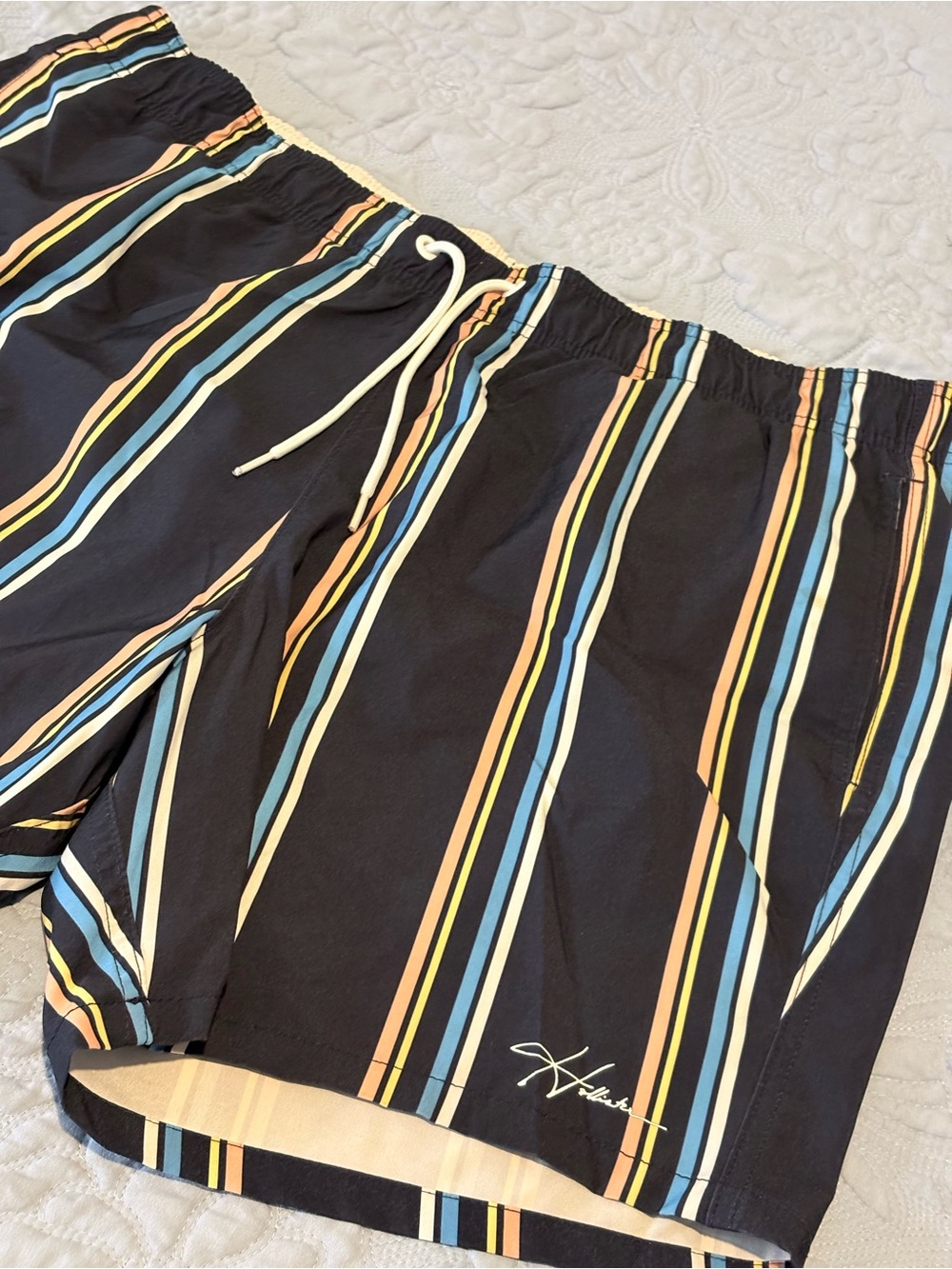 Hollister Black Swim Trunks with Blue, Yellow & Orange Stripes